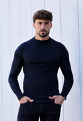 Black Slim Fit Long Sleeve T-Shirt with Medium Neck